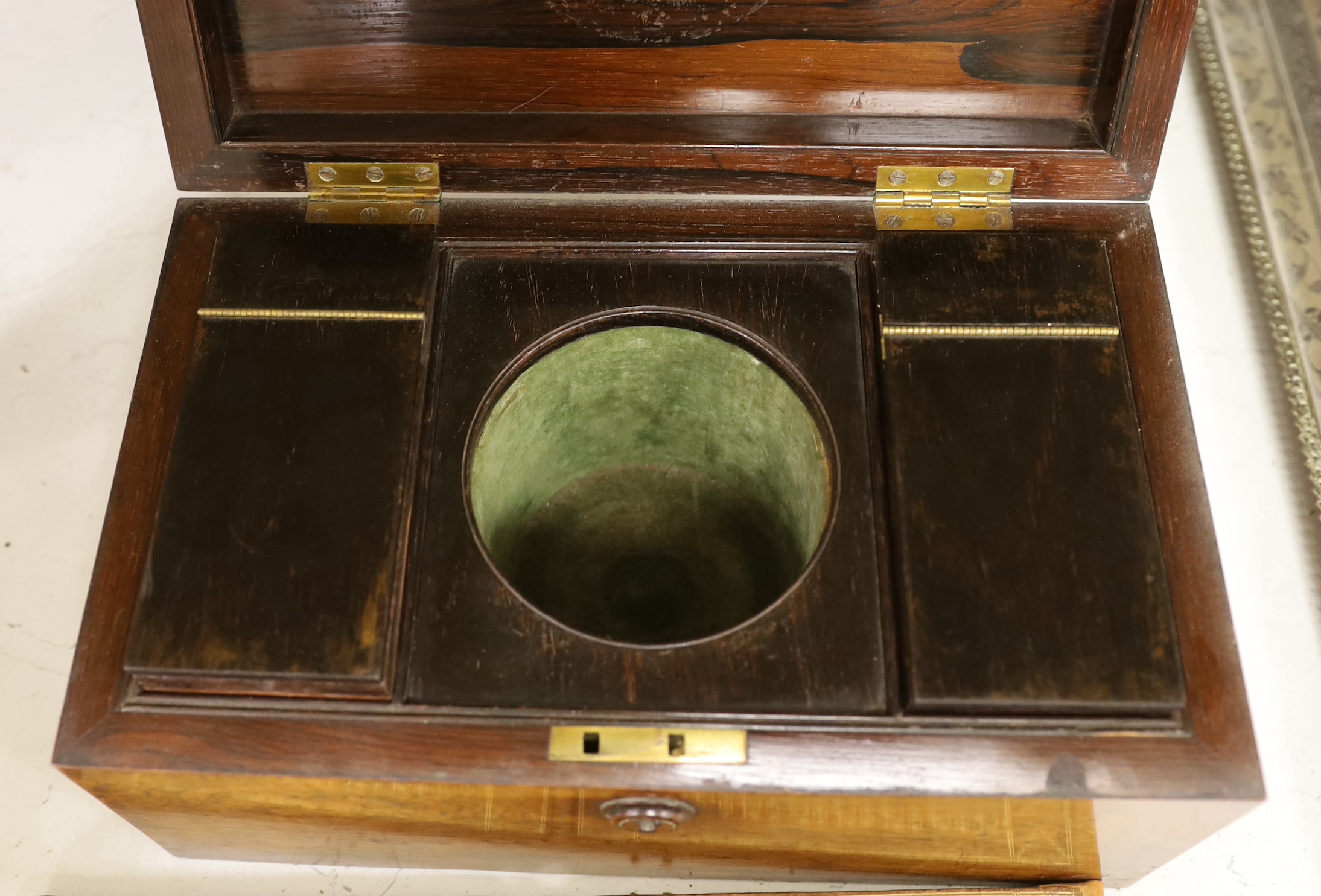A George IV rosewood twin canister tea caddy, a chequer inlaid box and a leather blotter pad (3)